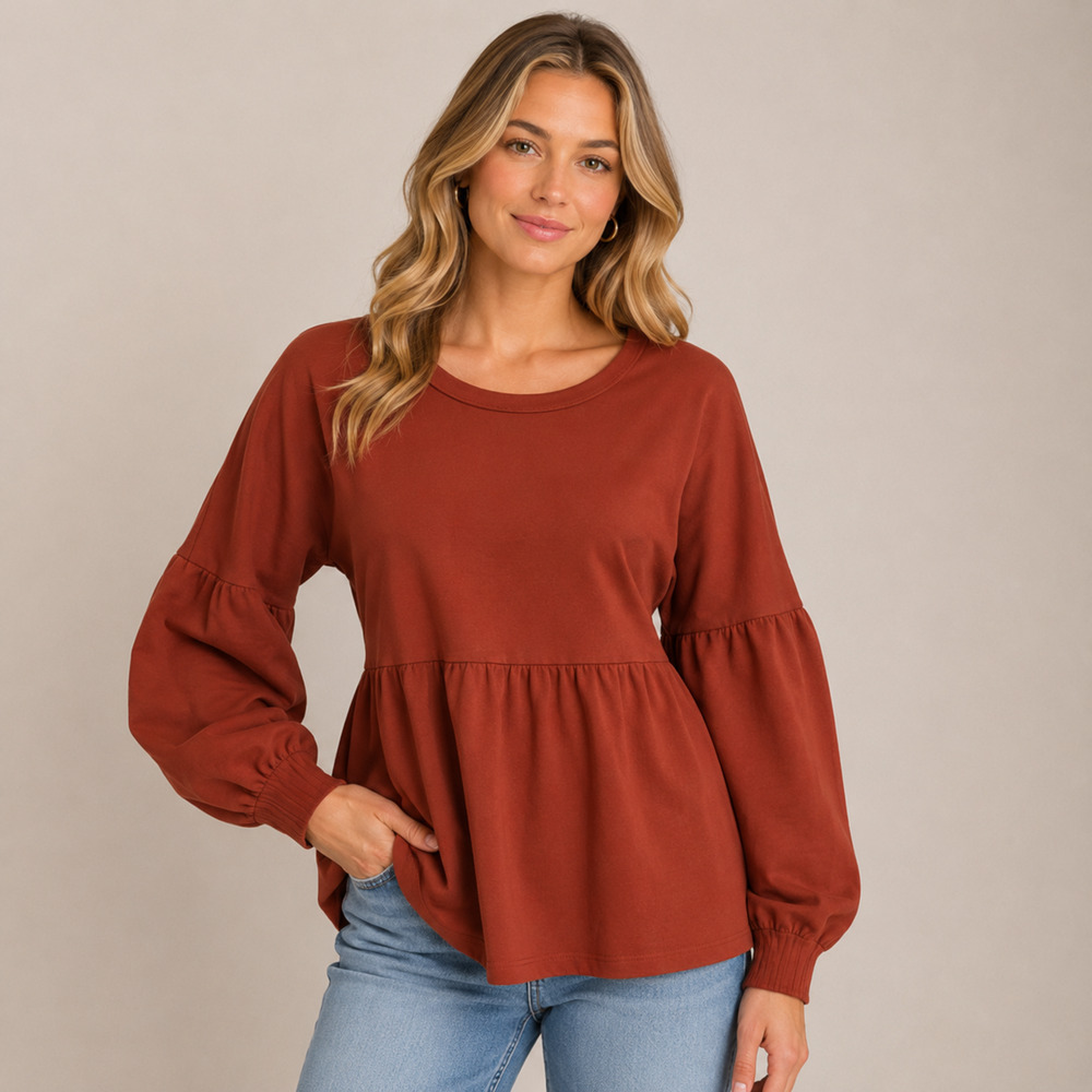 Anthropologie t.la Rosebud Peplum Sweatshirt Balloon Sleeve Rust Small